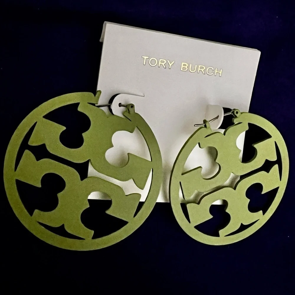 🆕Tory Burch Authentic Military Green Double T Matte Painted Large Hoop Earrings